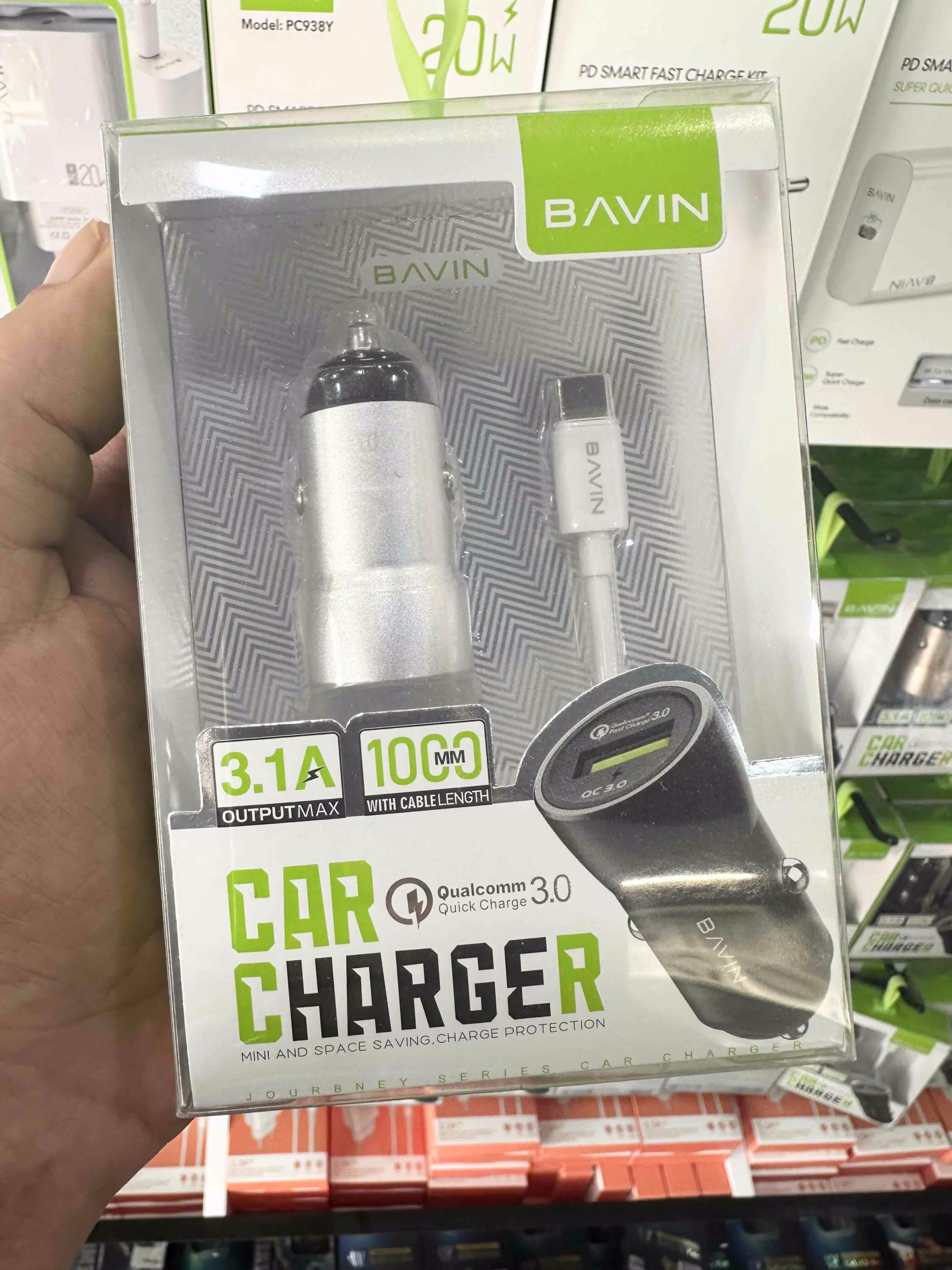Chargeur de voiture rapide QC 3.0 (3.1A) avec câble USB-C intégré 1M
