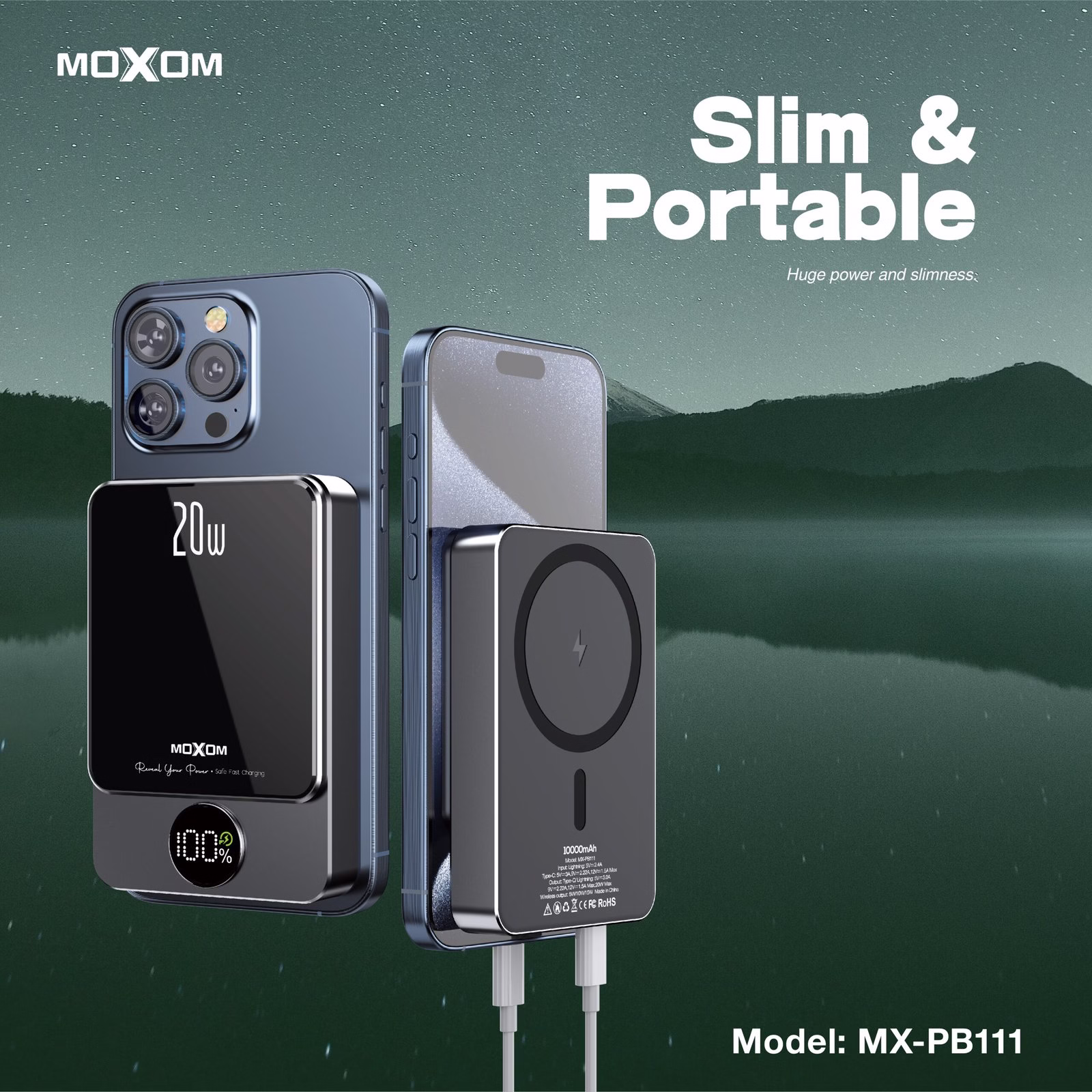 Power bank de 10,000mAh Sans fil magnétique 15W + Type-C PD 20W + USB-A