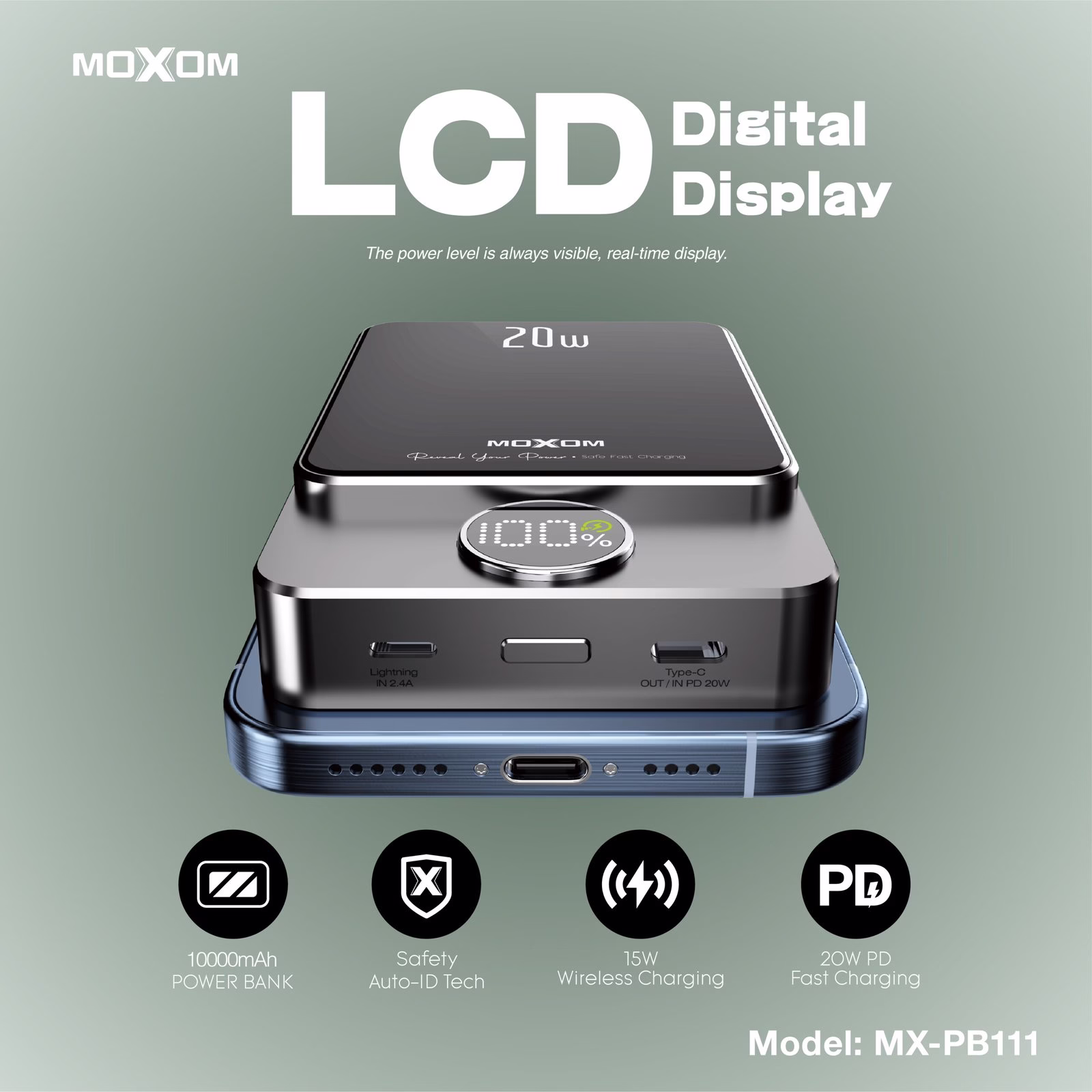 Power bank de 10,000mAh Sans fil magnétique 15W + Type-C PD 20W + USB-A