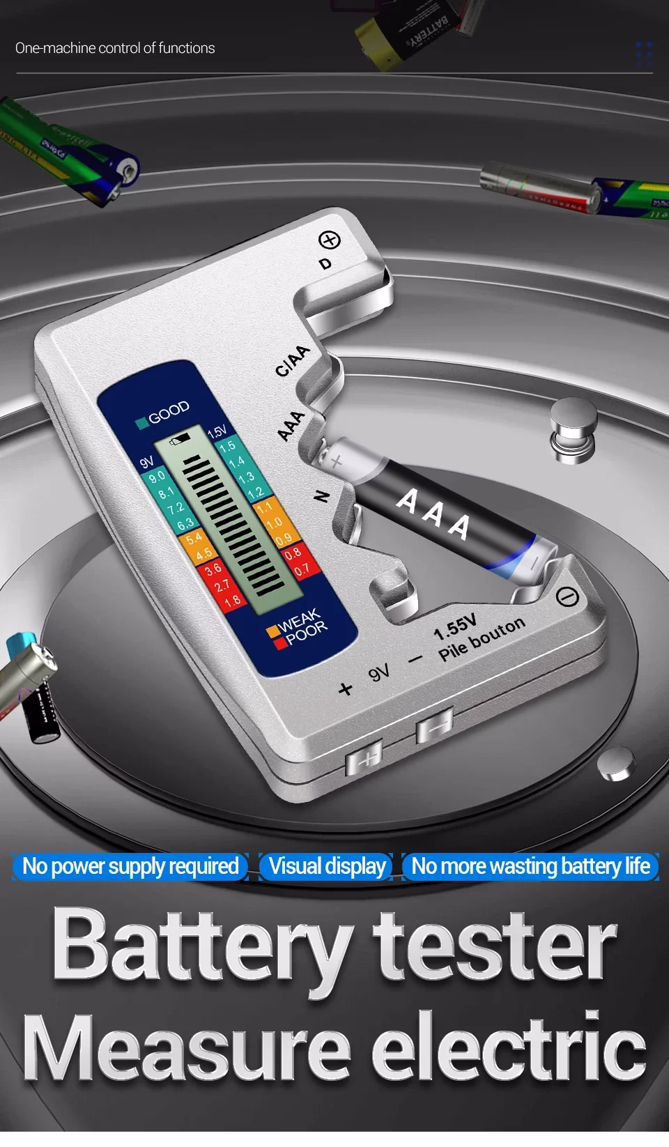 Testeur de Batterie Numérique – Écran LCD, Compatible AA/AAA/9V/1.5V et Piles Bouton